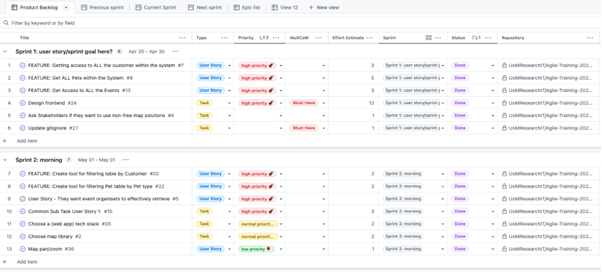 Screenshot of a Github project board used during the workshops