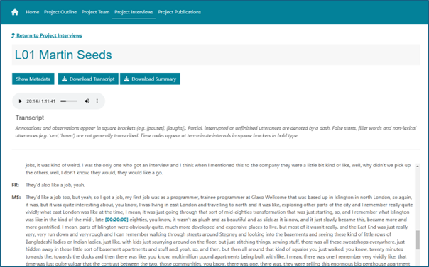 Screenshot of the audio player showing play button and a transcript of an interview