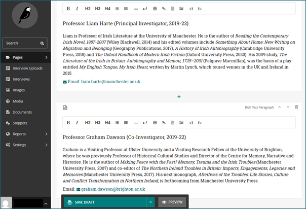 A screenshot of the Wagtail CMS website admin area demonstrating how content was added to the website.