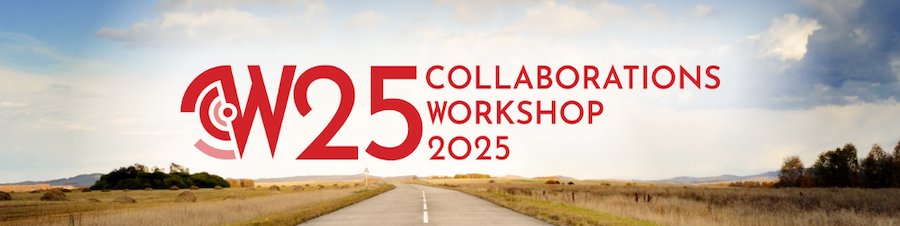 The logo of the Collaborations Workshop 2025 on a flat rural landscape with a road disappearing at the horizon point.