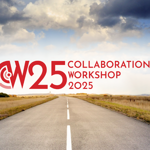 The logo of the Collaborations Workshop 2025 on a flat rural landscape with a road disappearing at the horizon point.