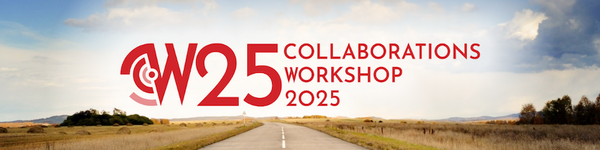 The logo of the Collaborations Workshop 2025 on a flat rural landscape with a road disappearing at the horizon point.