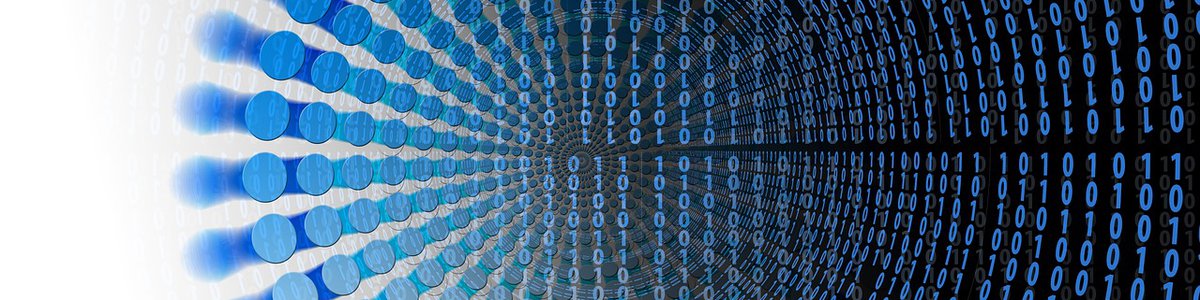 Lines of vertical binary code radiating out into concentric circles, the code is overlayed on a background of concentric circles of blue dots which increase in size as they radiate away from the centre point.