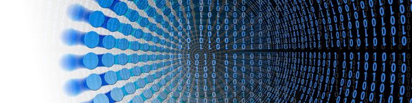 Lines of vertical binary code radiating out into concentric circles, the code is overlayed on a background of concentric circles of blue dots which increase in size as they radiate away from the centre point.