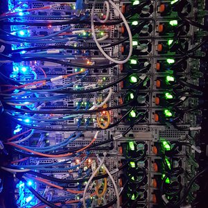 Data centre rack with many units, interconnects and lights