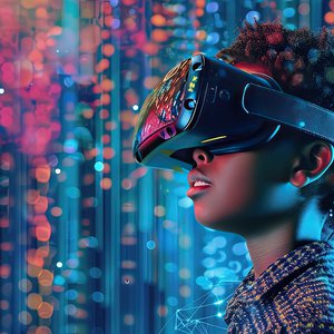 A person wearing a VR headset with a computer generated background of lights behind them